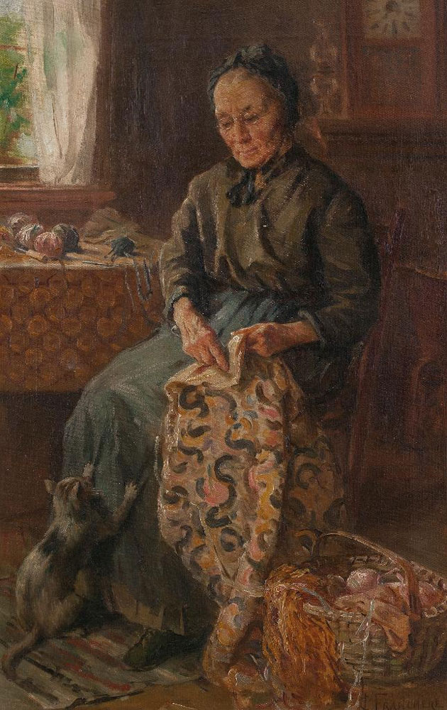 Franchère, Joseph-Charles : Interior With Woman And Kitten