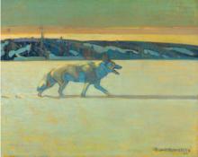 Hennessey, Frank : Loup traversant un lac (Wolf crossing a lake)